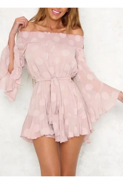 Summer Fashion Off the Shoulder Long Bell Sleeves Polka Dotted Bow Tie Belted Asymmetrical Hem Mini Dress