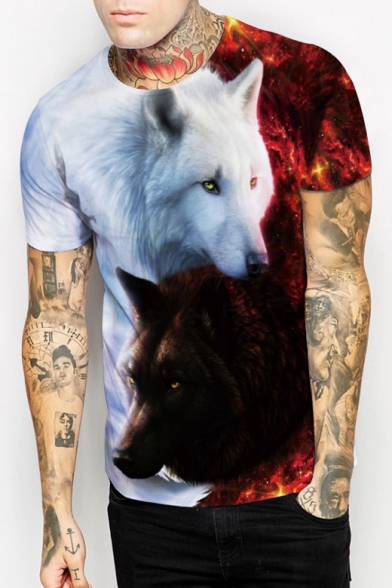 Trendy 3D Wolf Pattern Short Sleeves Round Neck Pullover Casual Tee