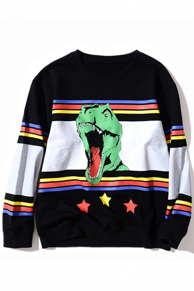 

Trendy Cartoon Dinosaur Striped Star Pattern Color Block Long Sleeves Round Neck Pullover Sweatshirt