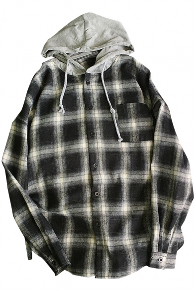 Trendy Checkered Plaids Long Sleeves Button-Down Boyfriend Hooded Loose Shirt with Front Pocket