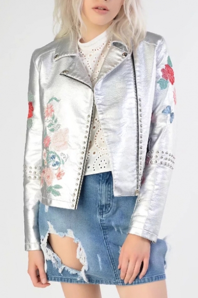 Chic Floral Embroidery Notched Lapel Long Sleeves Zippered Biker Jacket with Rivets