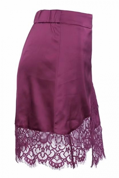 Chic Simple Plain Lace Panel Zip Fly Asymmetric Skirt