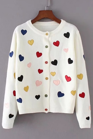 Childish Allover Sweetheart Embroidery Long Sleeves Round Neck Button Down Cardigan