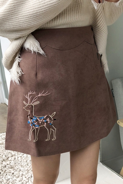 Deer Embroidered High Waist A-Line Mini Skirt