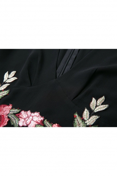 Fancy Floral Embroidered V-Neck Short Bell Sleeves Pleated Culotte Zip-Back Romper