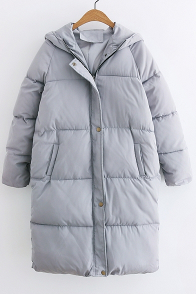 Fashion Simple Plain Hooded Zip Up Long Sleeve Padded Coat