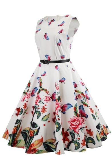 Floral Butterfly Print Round Neck Sleeveless Fit & Flare Midi Dress