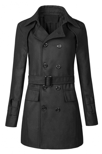 Formal Notched Lapel Double Breasted Long Sleeves Belted Longline Coat with Flap-Pockets
