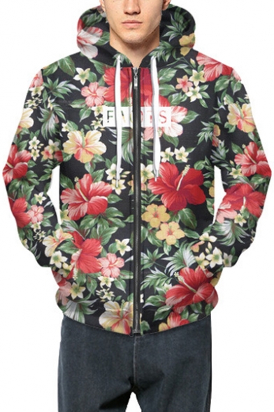 Groovy Allover Floral Pattern Long Sleeves Zippered Hoodie with Pockets