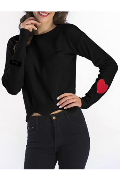 Heart Shape Embroidered Long Sleeve Round Neck Asymmetric Hem Pullover Sweater