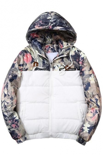 Men's Fashion Floral Pattern Contrast Long Sleeves Zippered Hooded Quilted Jacket with Pockets