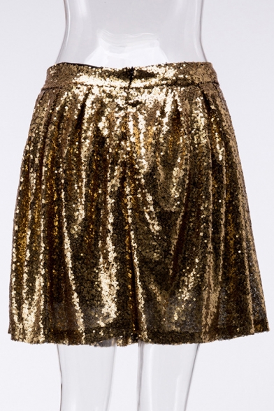 New Fashion Plain Sequined Zipper Mini Pleated Skirt