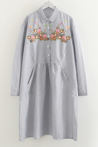 New Stylish Floral Pattern Long Sleeve Lapel Loose Dress