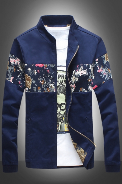 New Stylish Stand-up Collar Color Block Floral Print Long Sleeves Zip Up Jacket