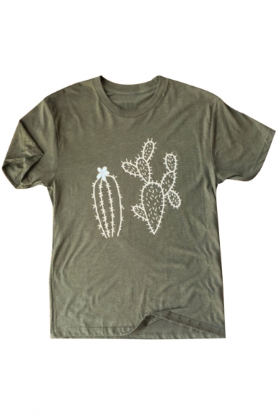 Simple Cactus Printed Round Neck Short Sleeves Casual Tee