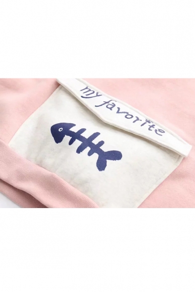 Simple Letter Fish Bone Printed Pullover Hoodie with Envelope Pocket & Paws Drawstring