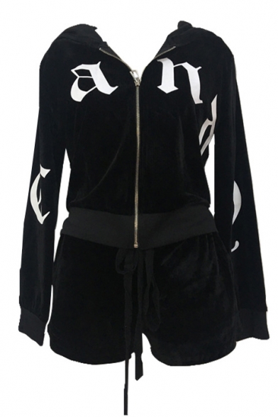 Simple Letter Print Long Sleeve Zipper Hoodie Shorts Casual Co-ords