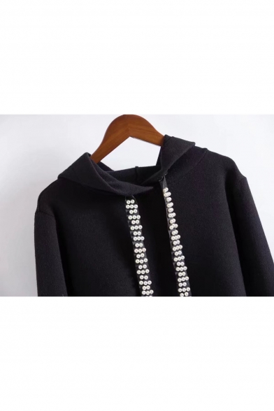 Simple Plain Long Sleeve Hooded Pullover Sweater with Beaded Strap