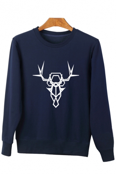Trendy Abstract Deer Print Long Sleeve Round Neck Pullover Sweatshirt