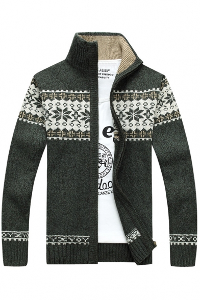Winter's Fashion Snowflake Pattern High Neck Long Sleeves Zippered Cardigan