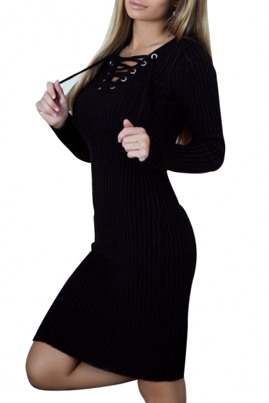 Chic Hollow Strappy Front Long Sleeve Plain Bodycon Mini Dress