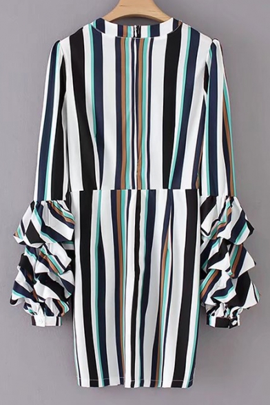 Chic Striped V-Neck Ruffle Long Sleeve Pencil Mini Dress