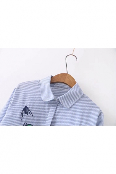 Cute Embroidered Pattern Long Sleeve Button Down Loose Longline Striped Shirt