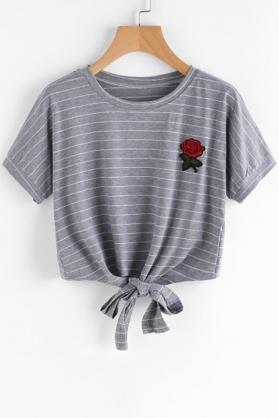 Fancy Floral Embroidery Striped Round Neck Bow Tie-Waist Short Sleeves Summer Beach Tee