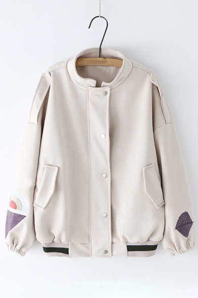 Fashion Embroidered Stand-Up Collar Long Sleeve Buttons Down Baseball Coat