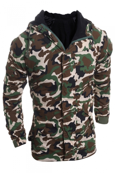 Fashionable Camouflage Zipper Up Drawstring Hood Long Sleeve Coat