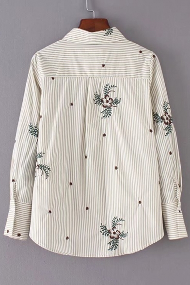 Floral Embroidered Striped Lapel Long Sleeve Buttons Down Shirt