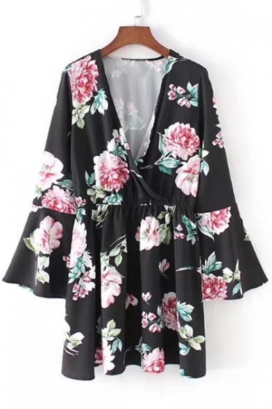 Floral Print V-Neck Flared Long Sleeve Wrap Mini Dress