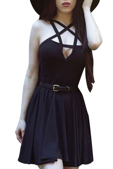 Gothic Star Shaped Strappy Hollow Neck Sleeveless Pleated Mini Slim-Fit A-line Dress