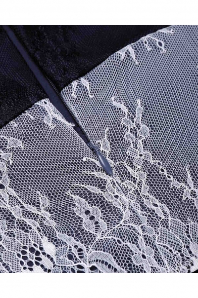 Hot Fashion Color Block Print V-Neck Half Sleeve Lace Panel Dress