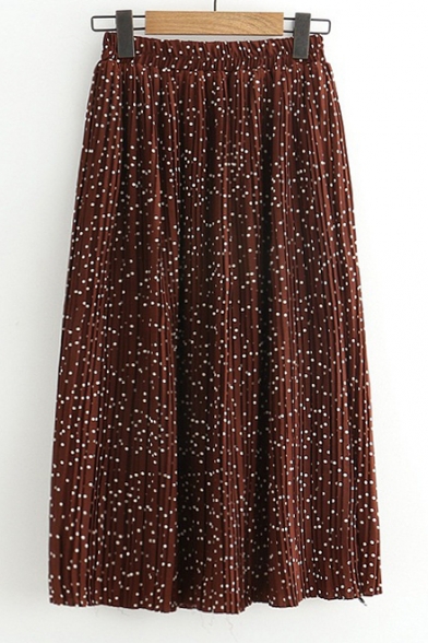 Hot Fashion Polka Dotted Elastic Waist Pleated Midi Skirt