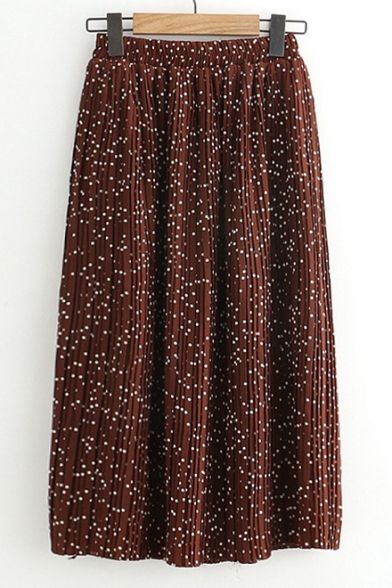 Hot Fashion Polka Dotted Elastic Waist Pleated Midi Skirt