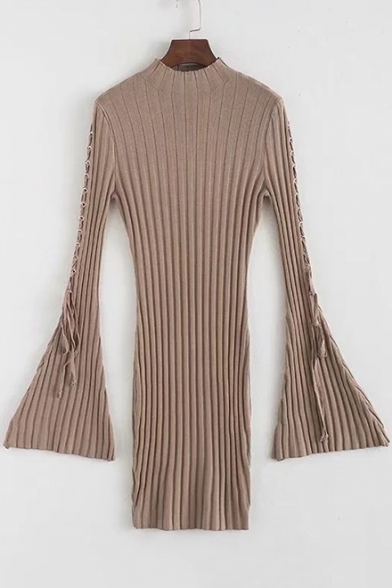 Hot Fashion Simple Plain Flared Cuff Knitted Bodycon Dress