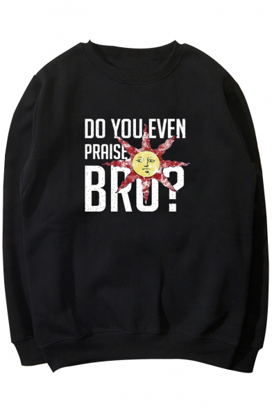 

Natural Letter Sun Pattern Round Neck Long Sleeves Pullover Sweatshirt, Black;blue