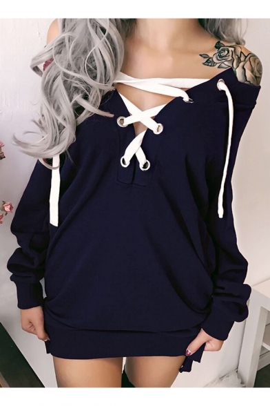 Sexy Attached Straps V-Neck Off the Shoulder Long Sleeves Pullover Sweatshirt