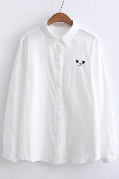 Simple Cat Face Embroidery Point Collar Long Sleeves Button Down Shirt