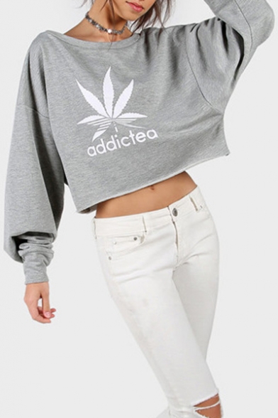 Simple Leaf Letter Printed Round Neck Long Sleeves Pullover Cropped Loose Sweatshirt