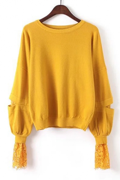 Simple Plain Hollw Out Lace Panel Round Neck Long Sleeve Pullvoer Sweater