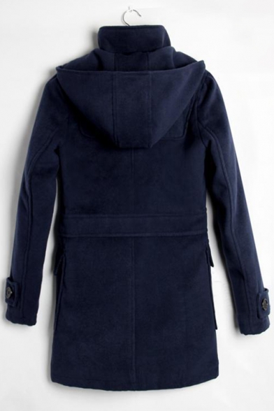 Simple Plain Long Sleeve Hooded Toggle Tunic Coat with Flap Pocket