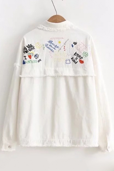 Stylish Lapel Letter Embroidery Long Sleeves Snap Button Fluffy Hem Shirt Coat