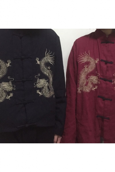 Traditional Chinese Suit Single-Breasted Stand-up Collar Long Sleeves Dragon Embroidered Jacket