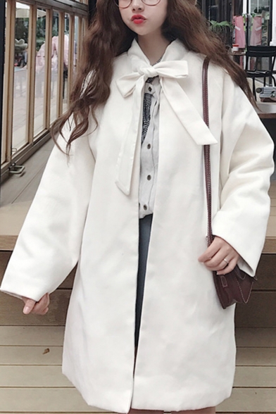 Chic Simple Plain Tie Neck Open Front Long Sleeve Trench Coat