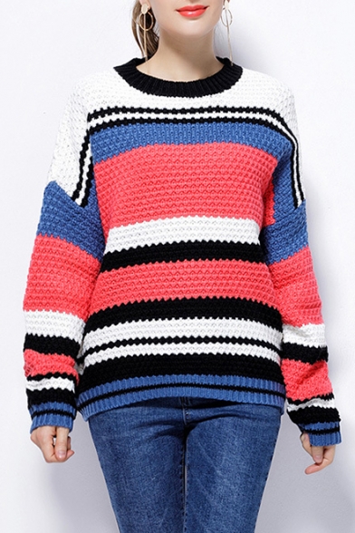 Color Block Striped Round Neck Long Sleeve Pullover Sweater