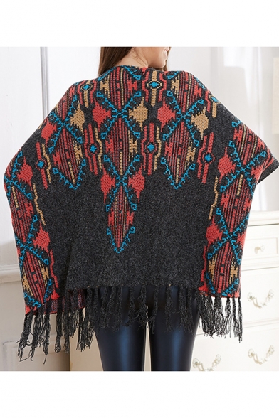 Ethic Geometric Pattern Open Front Half Sleeves Cape Cardigan Trimmed with Tassels