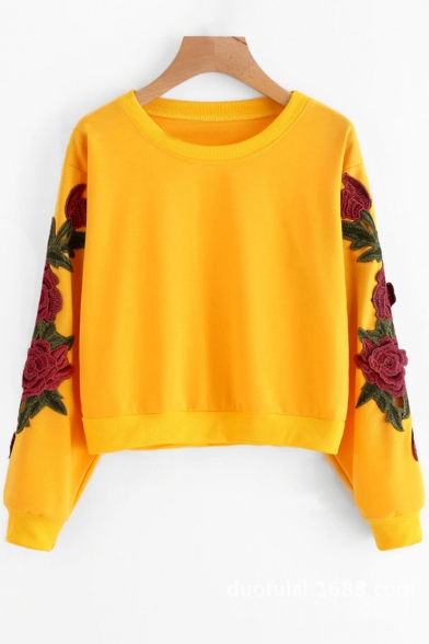 Fancy Floral Embroidered Long Sleeves Round Neck Pullover Cropped Sweatshirt