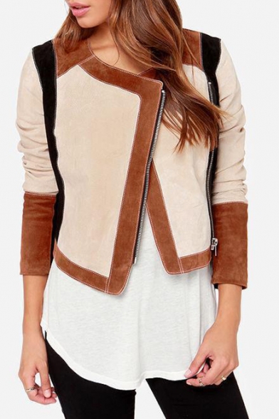 Fashion Color Block Print 3/4 Length Sleeve Zip Up Collarless Jacket